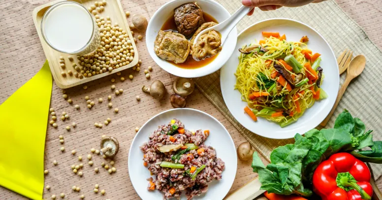 Colorful vegan feast with nutritious plant-based foods for intermittent fasting eating window