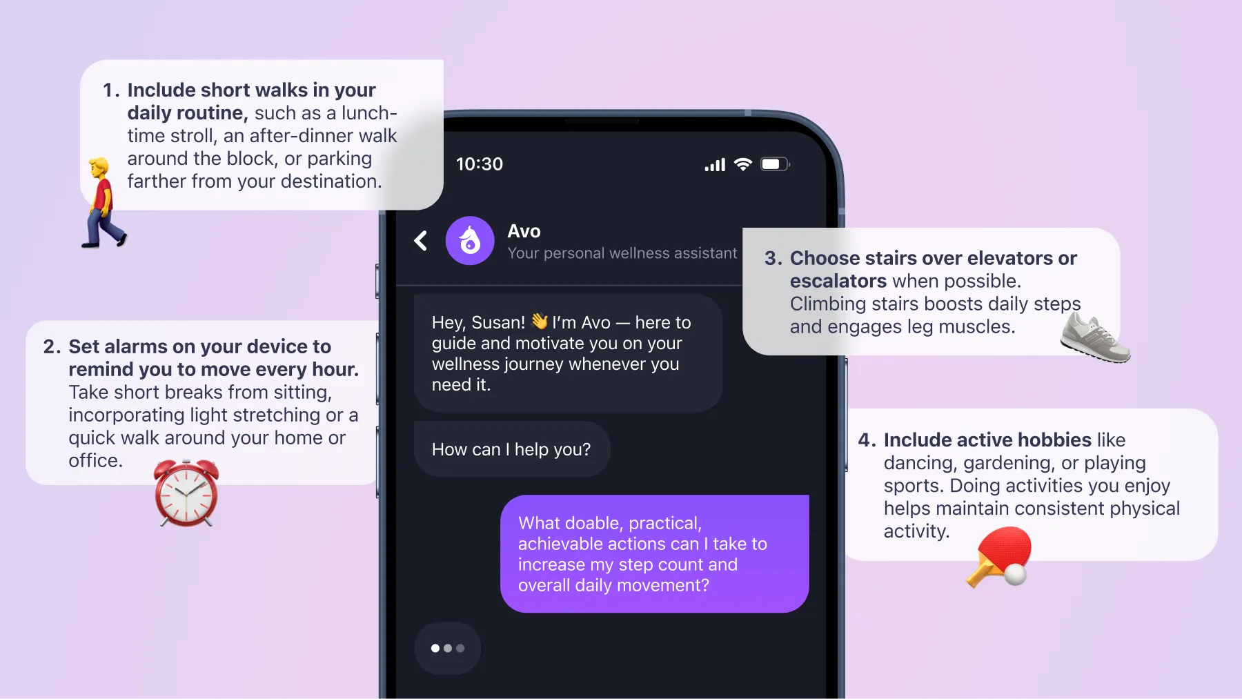 Avo AI wellness assistant in Simple app providing motivational support and practical goal-setting guidance