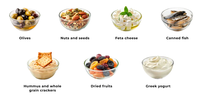 Fresh Mediterranean fruits and vegetables including tomatoes, olives, and colorful produce arranged in a basket