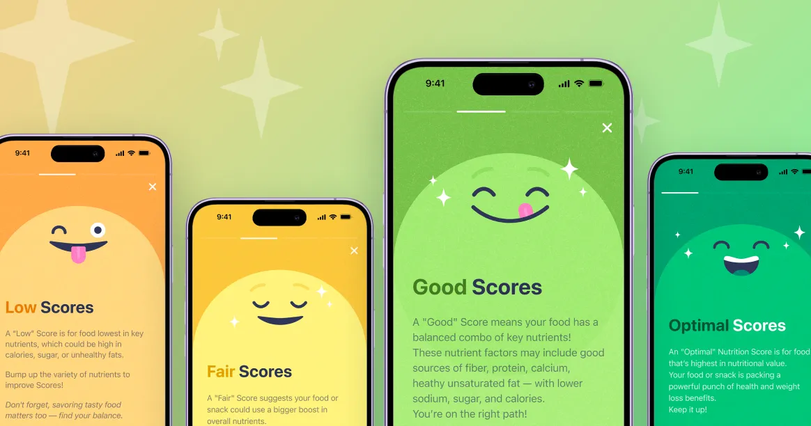 Simple app Nutrition Scores feature interface showing meal scoring system for improved eating habits and weight management