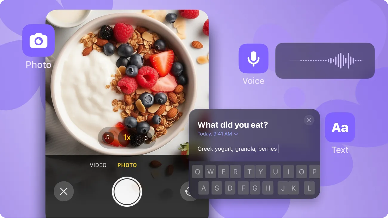 Simple app food tracker with photo voice and text logging options for easy meal tracking