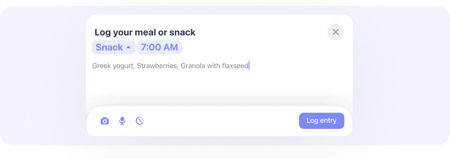 Simple app snack logging interface with text photo and voice input options